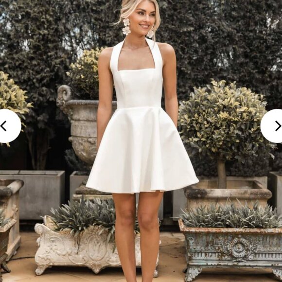 BELLE Halter Neck Flared Mini Dress - Ivory - Picture 1 of 4